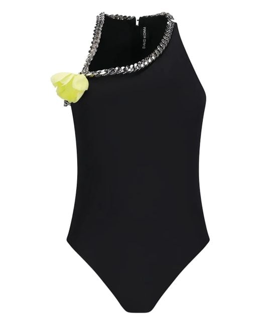 David Koma Black Chain-Embellished One-Shoulder Bodysuit