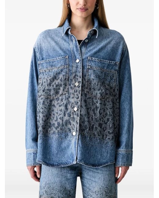 Liu Jo Blue Rhinestone-Embellished Leopard-Print Shirt
