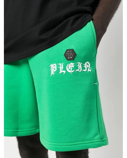 Philipp Plein Green 'Gothic' Logo-Plaque Track Shorts for men