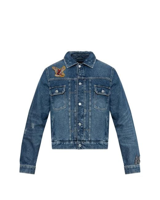 AllSaints Blue Exile Slim-Fit Patch-Embellished Denim Jacket for men