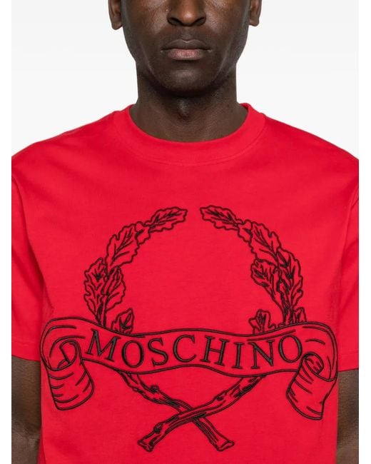 Moschino Red Graphic Silk-Nylon T-Shirt With Wreath Design for men