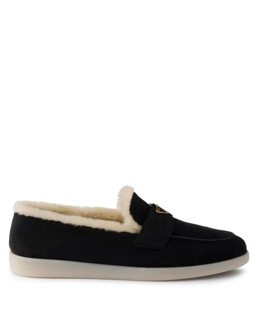 Prada Black Triangle-Logo Shearling Loafers for men