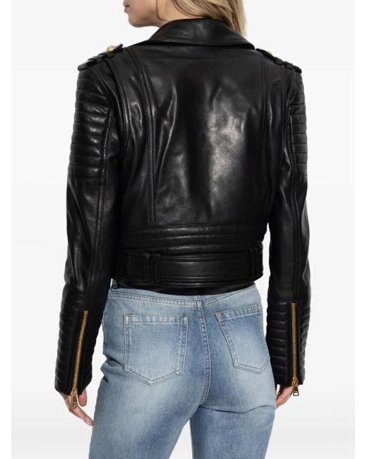 Chaqueta De Piel Con Cremallera Asimétrica Balmain de color Black