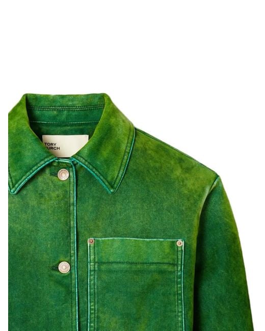 Tory Burch Green Button-Fastening Patch-Pocket Denim Jacket