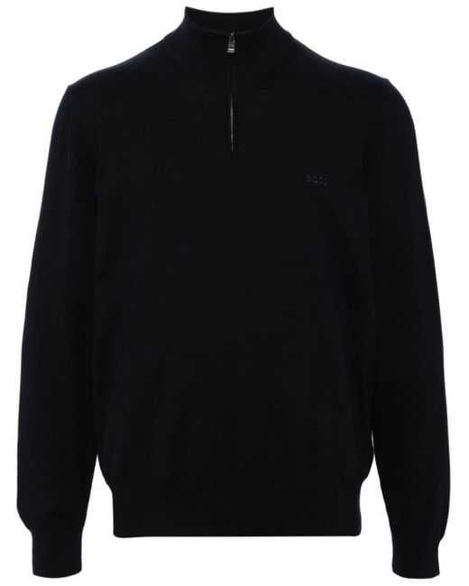 Boss Blue Embroidered Logo High-Neck Knitted Sweatshirt for men