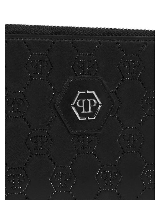 Philipp Plein Black Rounded Zip Wallet Monogram Strass