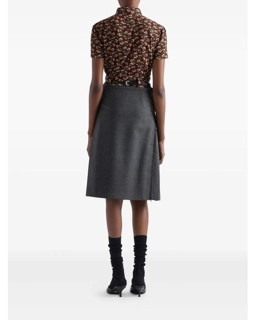 Prada Gray Wool Hopsack Pleated Midi Skirt