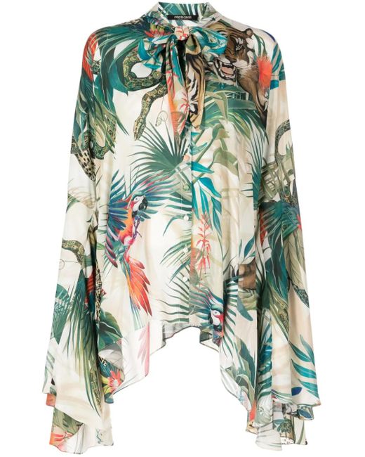 Roberto Cavalli Green Jungle Print Viscose Blouse