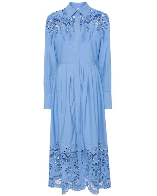 Valentino Garavani Blue Broderie-detail Pleated Midi Dress