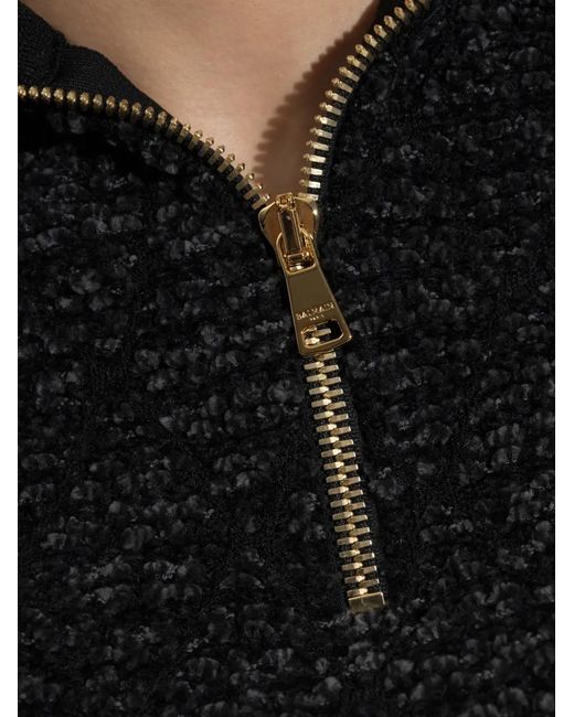 Balmain Black Bouclé-Knit Quarter-Zip Sweater