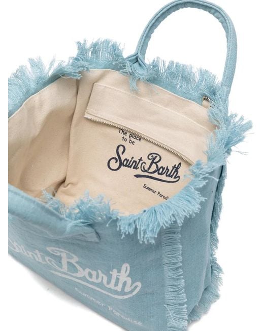 Mc2 Saint Barth Blue Sac Cabas Colette En Lin À Logo Imprimé Et Franges