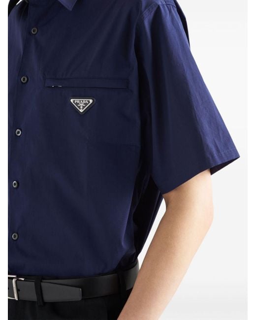 T-shirt en coton à logo triangle Prada pour homme en coloris Blue