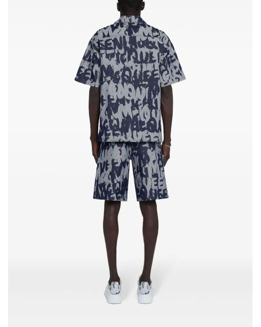McQueen Blue Graffiti-Print Denim Shorts for men
