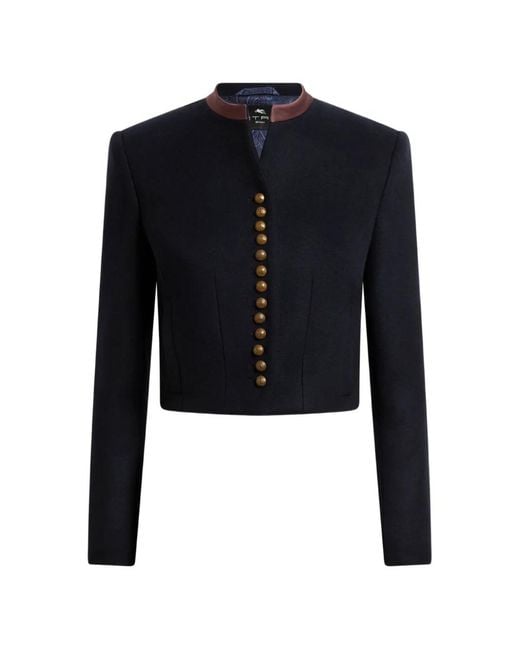 Etro Blue Wool-Blend Cloth Cropped Jacket With Pegaso Buttons