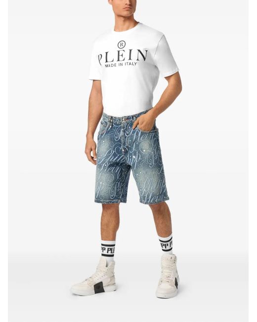 Philipp Plein Blue Logo-Embroidered Denim Shorts for men