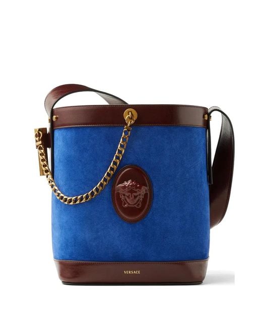 Versace Blue Pivot Small Suede Bucket Bag