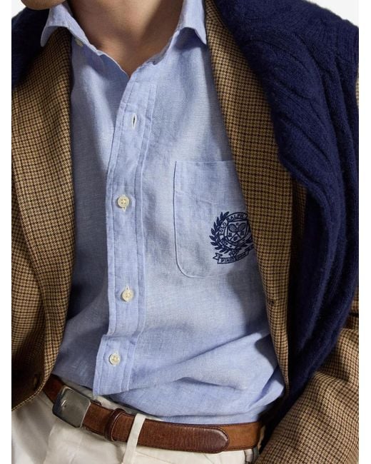 Polo Ralph Lauren Blue Embroidered Pocket Linen Shirt for men