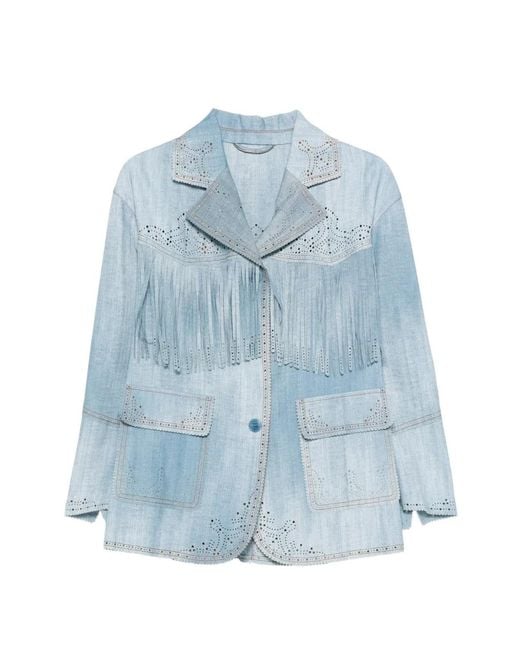 Ermanno Scervino Blue Fringed Laser-Cut Jacket