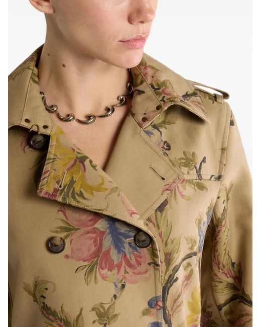 Etro Metallic Cotton Gabardine Trench Coat With Floral Motif