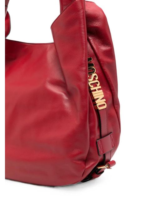 Moschino Red Handle Me Logo-Plaque Leather Tote Bag