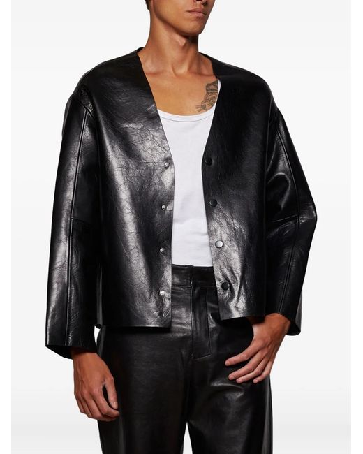 Entire studios Black V-Neck Leather Jacket for men