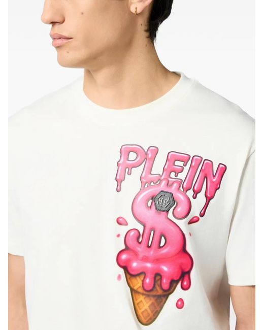 Philipp Plein White Round Neck T-Shirt Ice Cream Dollar for men