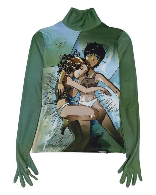Vetements Green Anime-Print High-Neck T-Shirt for men