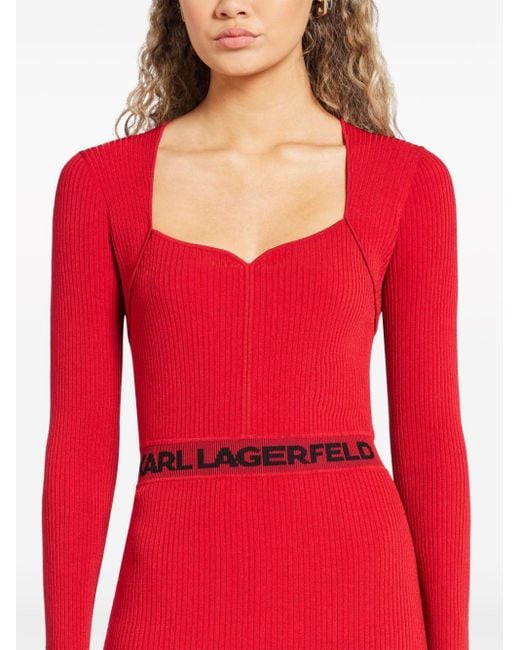 Karl Lagerfeld Red Ribbed Logo-waistband Midi Dress