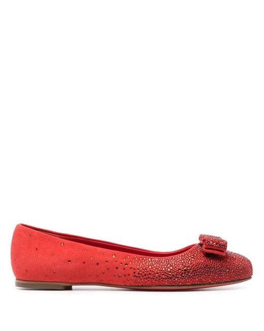 Ferragamo Red Vara-Bow Rhinestone-Embellished Ballerina Shoes