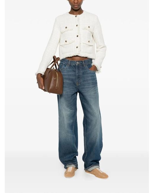 Maje White Fringed Buttoned Tweed Jacket