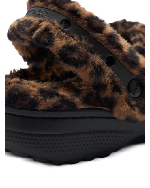 CROCSTM Black Leopard Furry Slippers
