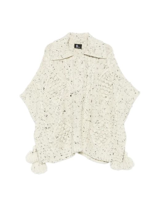 Moncler White Pompom Cable-Knit Poncho