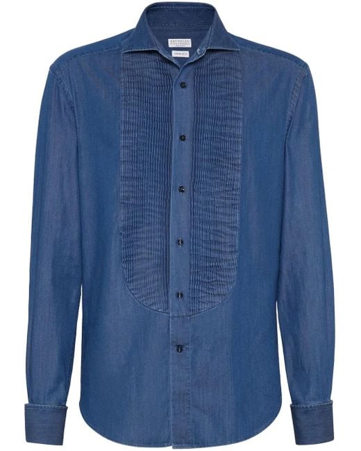 Brunello Cucinelli Blue Denim Pleated-Bib Tuxedo Shirt for men