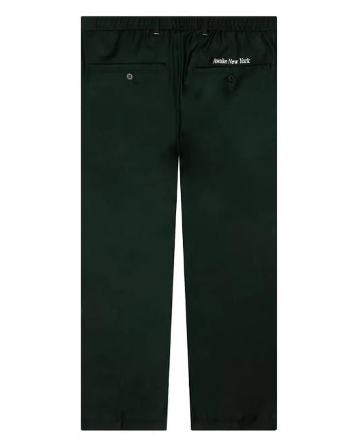 AWAKE NY Green Pleat-Detail Embroidered Trousers for men