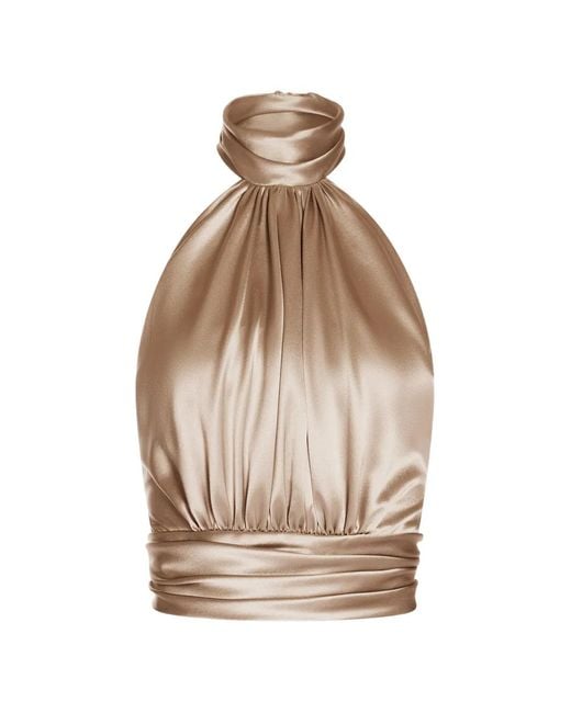 ALEXIA & ANTONIA Natural Draped Halter Silk Blouse