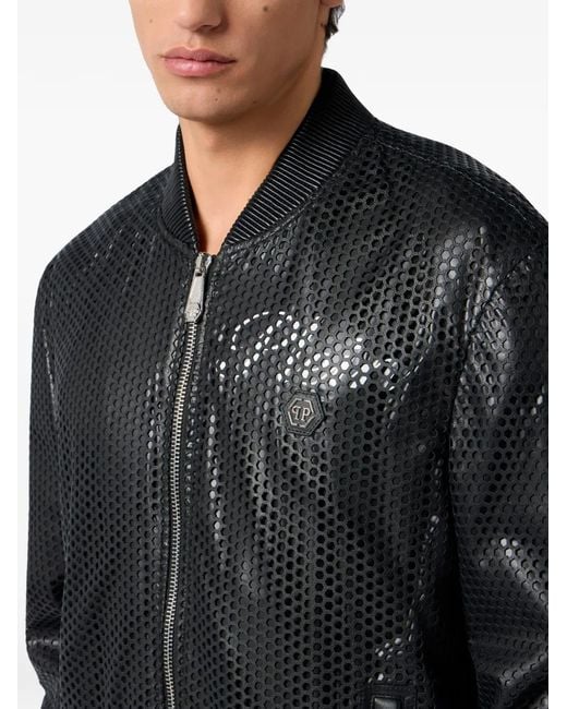 Philipp Plein Black Perforated Leather Bomber for men