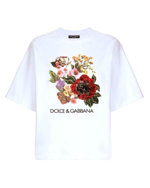 Dolce & Gabbana White Cotton Sequinned-flower T-shirt