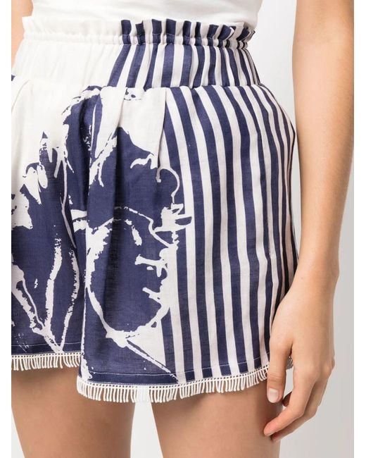Silvia Tcherassi Blue Floral-Print Striped Cotton Shorts