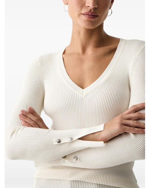 Guess White Ellie Ribbed-Knit V-Neck Sweater