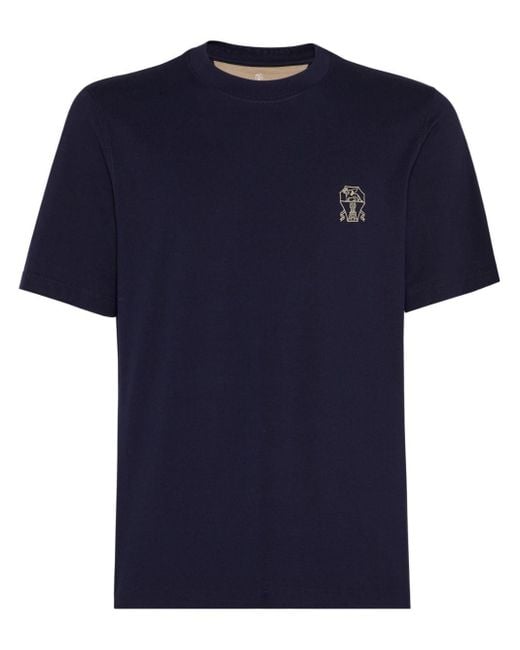 Brunello Cucinelli Blue Logo-embroidered Cotton T-shirt for men