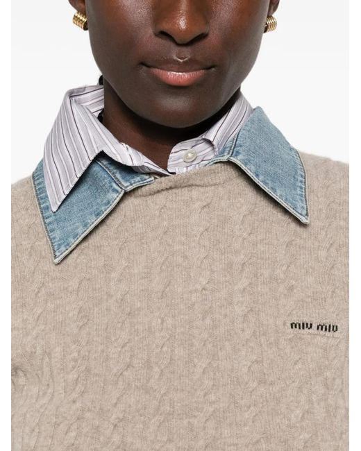 Miu Miu White Cable-Knit Short-Sleeve Sweater
