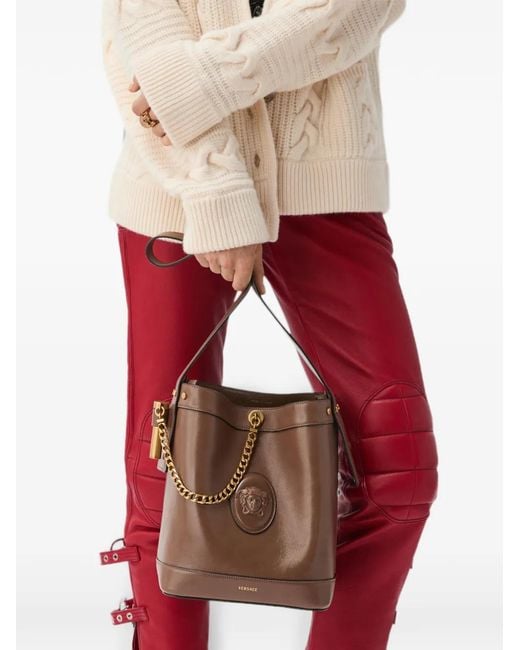 Versace Brown Pivot Small Leather Bucket Bag