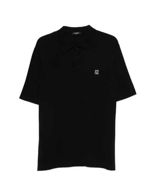 Balmain Black Embroidered Cotton Polo for men