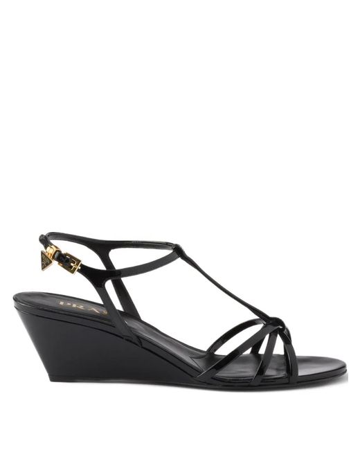 Prada Black Patent Leather Wedge Sandals 50