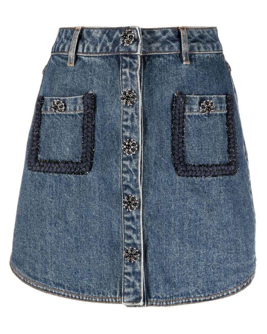 Self-Portrait Embellished Denim Mini Skirt in Blue | Lyst