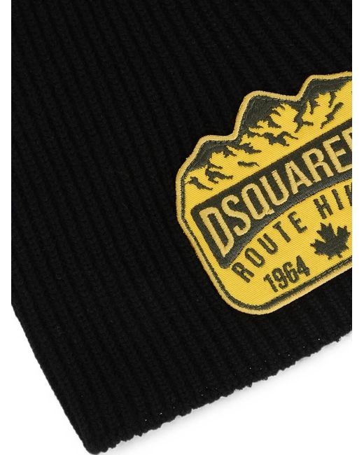 DSquared² Black Logo-Patch Ribbed-Knit Beanie Hat for men