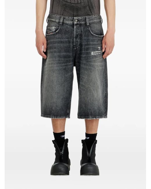 DIESEL Gray Denim Relaxed Shorts With Abrasions