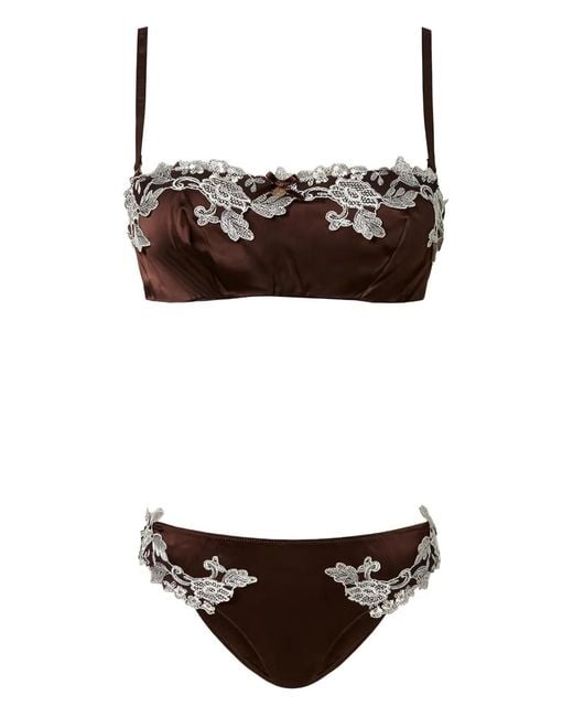 Twinset Brown Lace-Trim Satin Bra Set