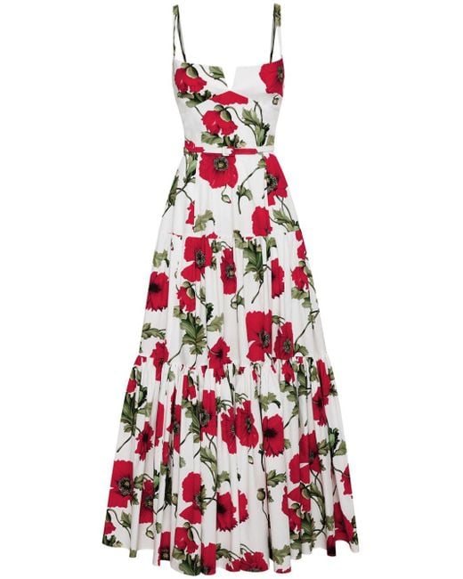 Oscar de la Renta Red Poppy-print Cotton Maxi Dress