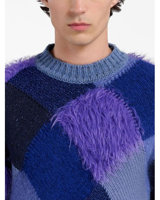Marni Blue Faux-fur Argyle-knit Jumper for men